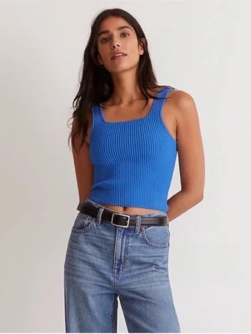 Madewell Ottoman Ribbed Tank Blue Minimalist Stretch Knit Everyday Top Size S